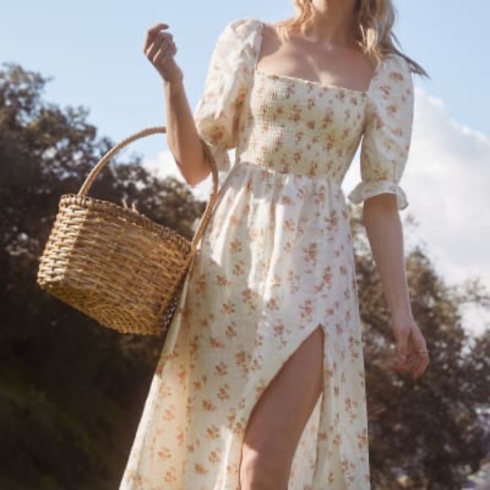 Reformation Marabella Floral Linen Midi Dress in Ecru & pink, size Small